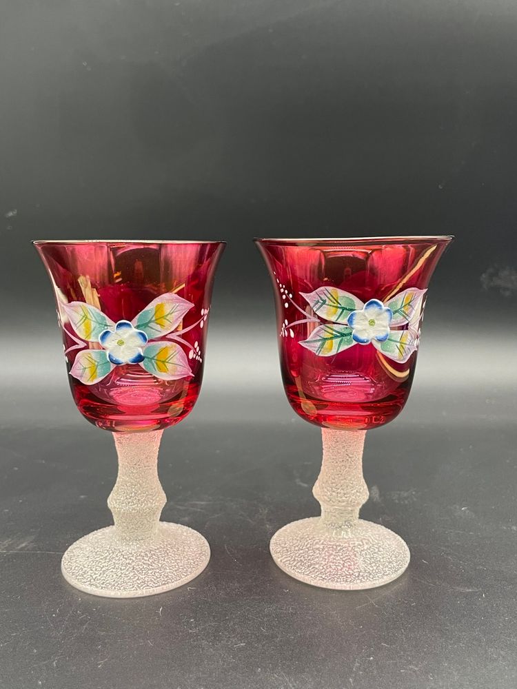 #04 Pair Of Vintage Bohemian Hand Painted Cordial Glasses With Frosted Stem & Base
