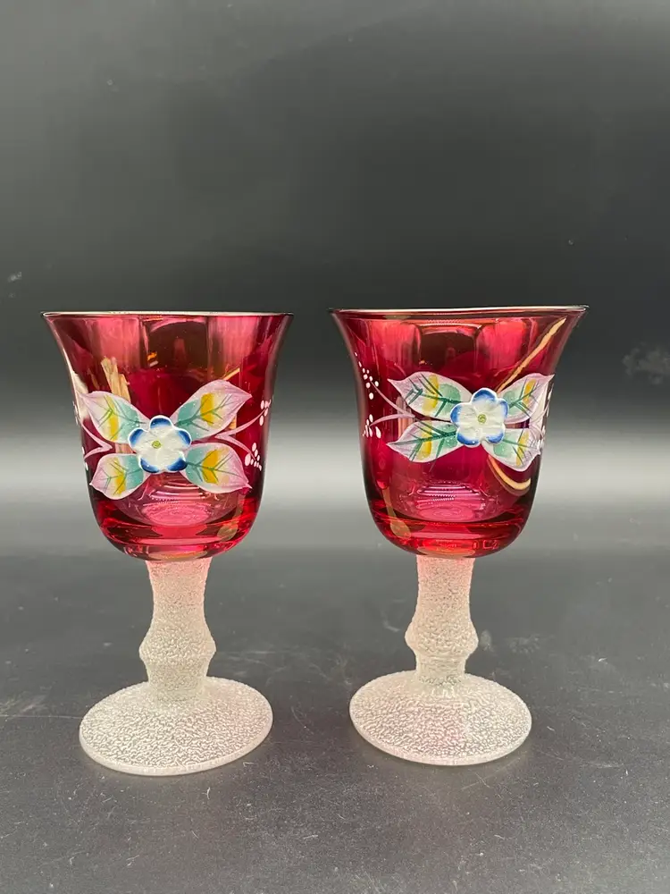#04 Pair Of Vintage Bohemian Hand Painted Cordial Glasses With Frosted Stem & Base