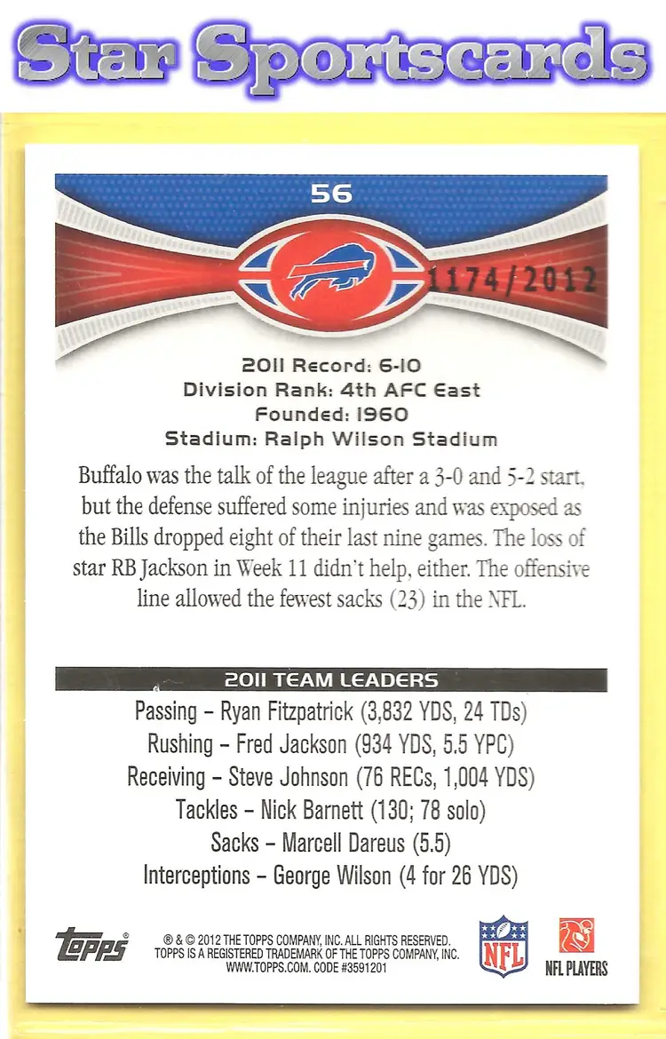 2012 Topps #56 Buffalo Bills Gold #/2012 Buffalo Bills