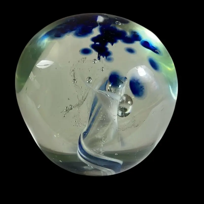18b. Vintage Artist Signed Art Glass Paperweight blue And White swirl