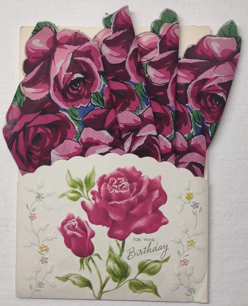 Vtg Folio Card "For Your Birthday" with Roses Hankie 26CG04