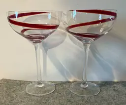 2 Red Swirl Design Margarita Glasses