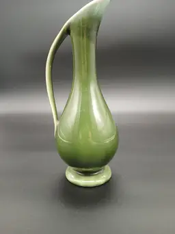 Vintage Dalton Pottery USA Footed Ewer Pitcher Vase Green Drip Glaze 8 1/2"