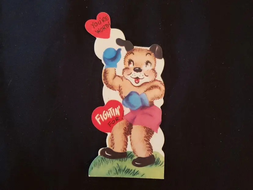 Valentine Greeting Card Die Cut Boxing Dog - You're Worth Fighting For Vintage