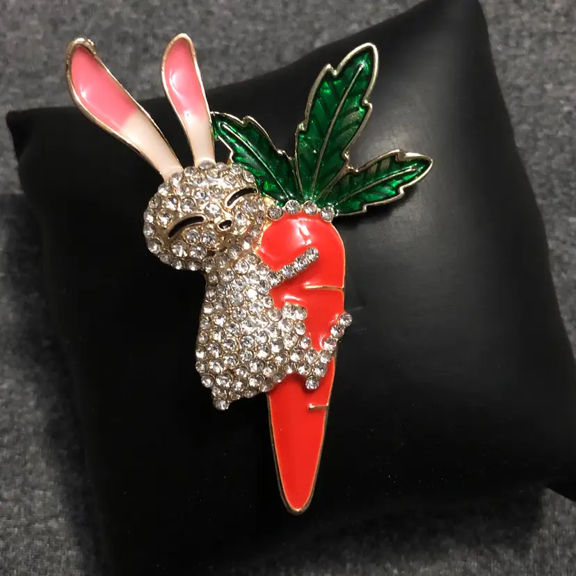 Gold-Tone Jeweled Easter Bunny Rabbit with Carrot Brooch