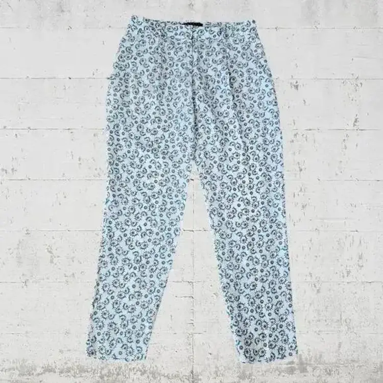Theory White Blue Floral Silk Mid-Rise Straight Tapered Women's Pants Size 0