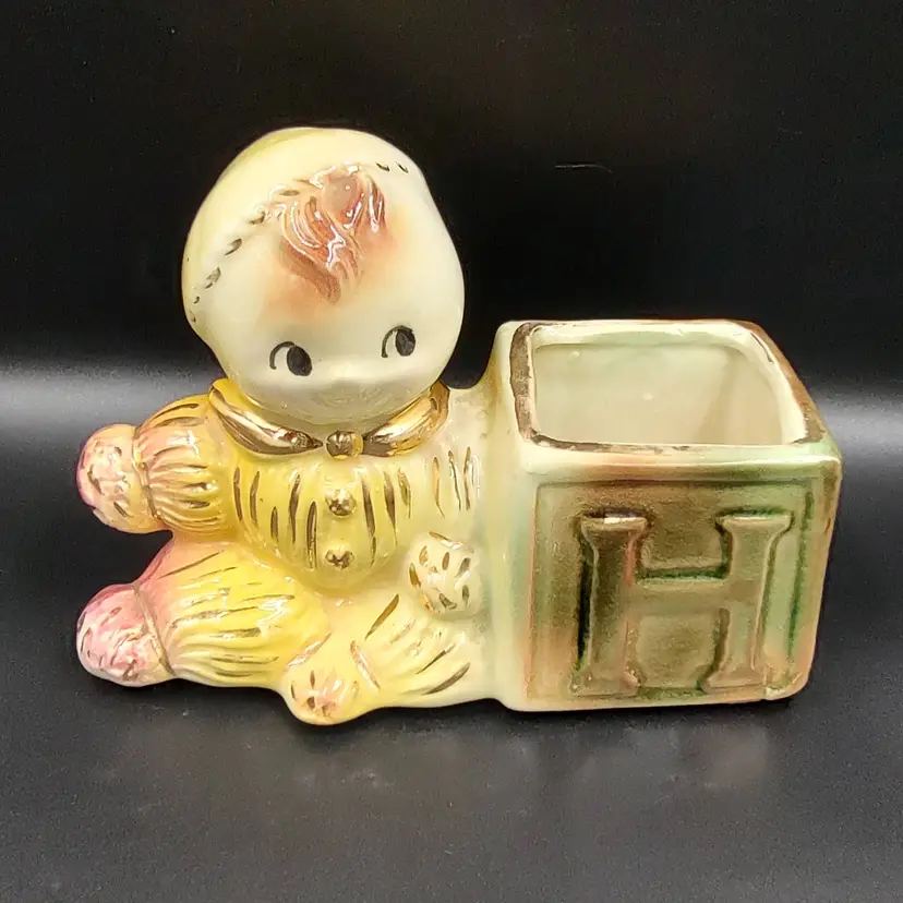 Vtg American Bisque Pottery Baby With Block Planter