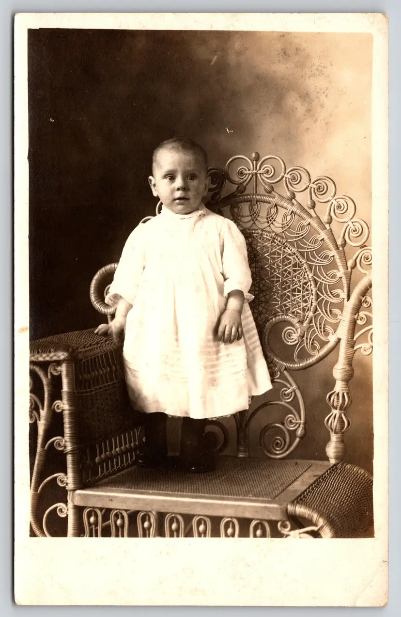 Postcard RPPC Young Child in White Dress Standing on Chair Kitchen Real Photo - 9121