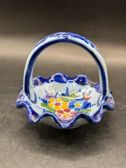 Hand Painted Portugal Ceramic Basket With Ruffled Edge Floral Design