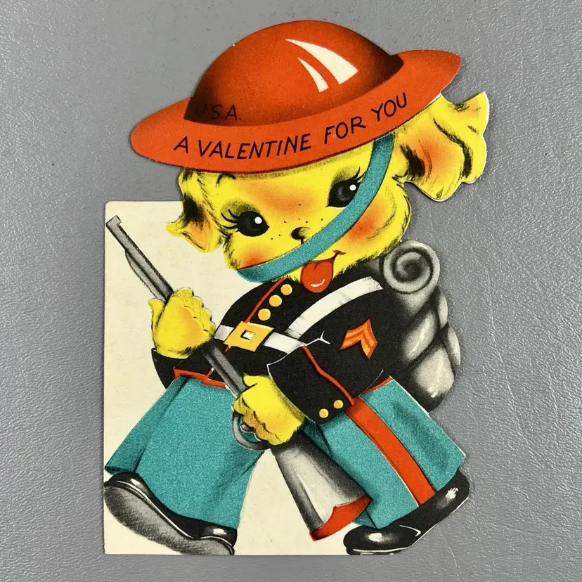Vintage Valentine Card Anthropomorphic Military Dressed Dog Puppy Die Cut USA Gibson 6"