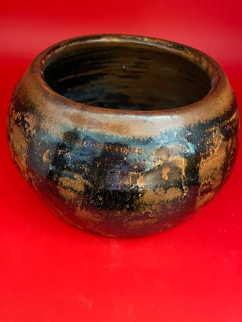 Studio Pottery Bowl, Brown Abstract Glaze, Artist Signed by Raine 1981