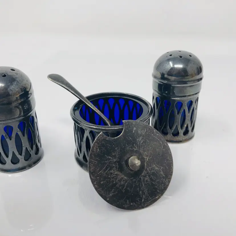 Silver Plate and Cobalt Miniature Salt and Pepper Set with Condiment Jar and Spoon