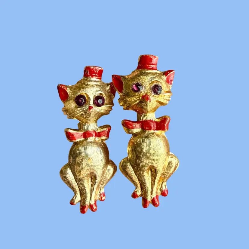 Vintage Enamel Rhinestone Cat Brooch Pin PAIR, Red Top Hat, Gold Tone Unmarked