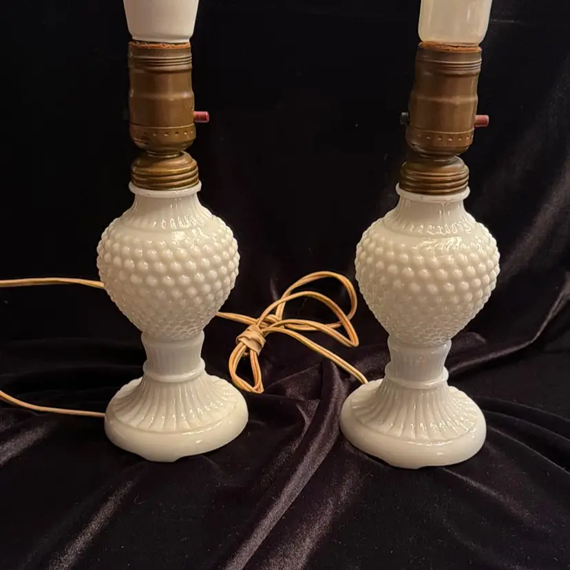 Darling Vintage Milk Glass Hobnail Boudoir Lamp Pair On a Fluted Pedestal Base - - Shades & Bulbs not included.  Electrical cords are intact- But Should be inspected Due to age before use.