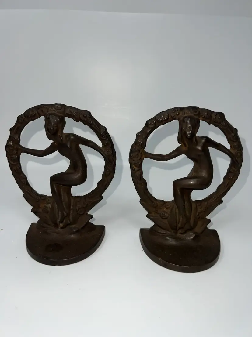 Set of Two Vintage Art Nouveau Nude in Wreath Cast Iron Bookends