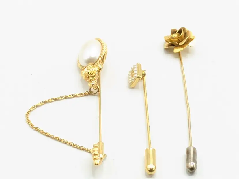 Vintage Gold Tone Stick Pins with Faux Pearl and Rose Design Set of 3