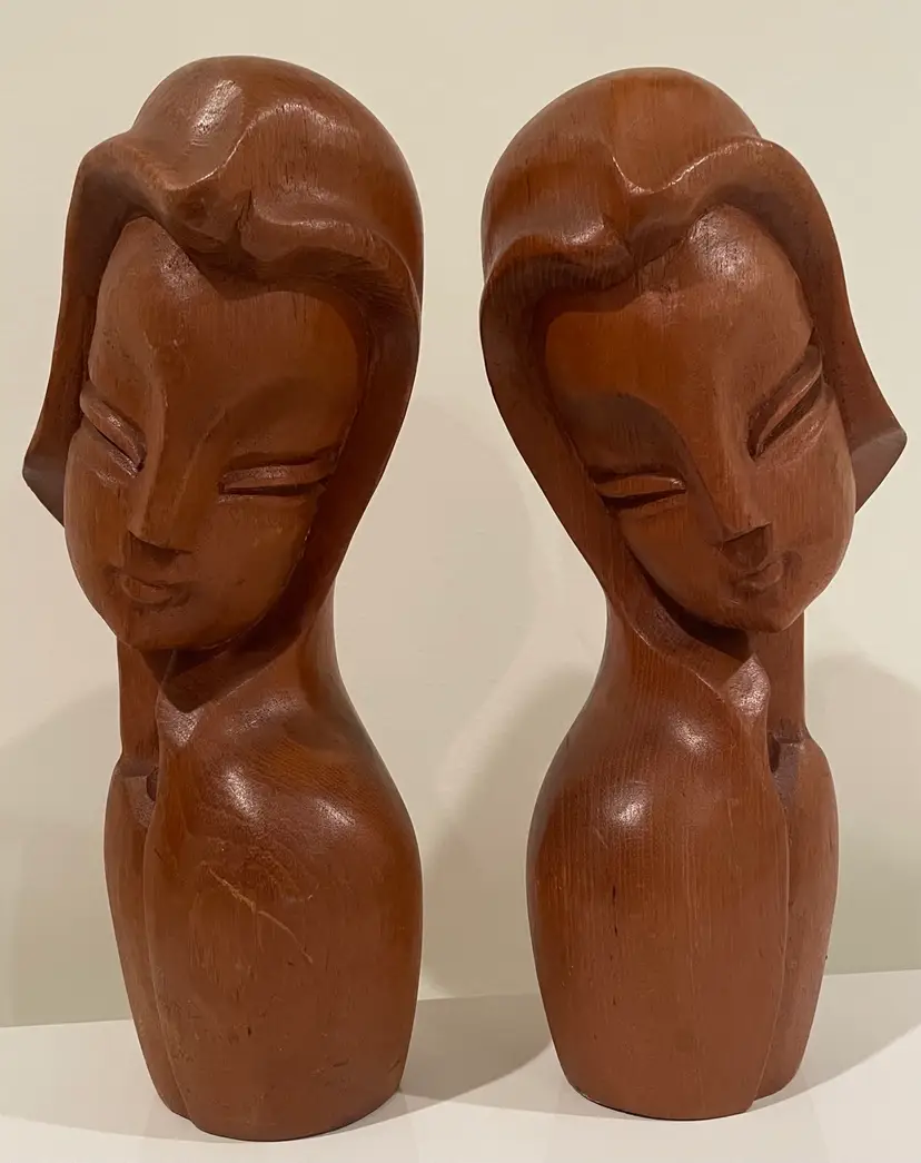 Mid Century Modern Carved Wood Set Of 2 Women 11" Tall Bust Statues