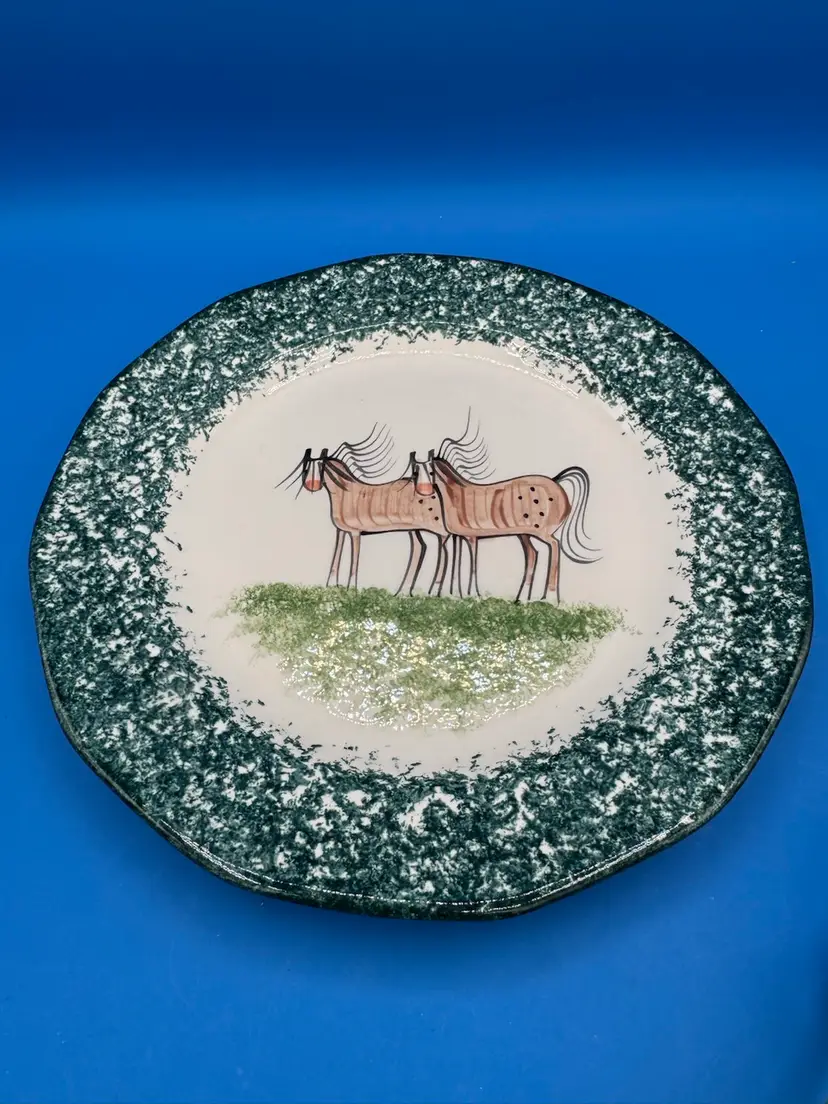 Molly Dallas Green Sponge Ware Plate With Horses 10” Signed
