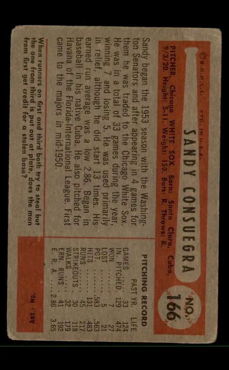 1954 Bowman #166 Sandalio Consuegra - (pk-tl3) - Chicago White Sox