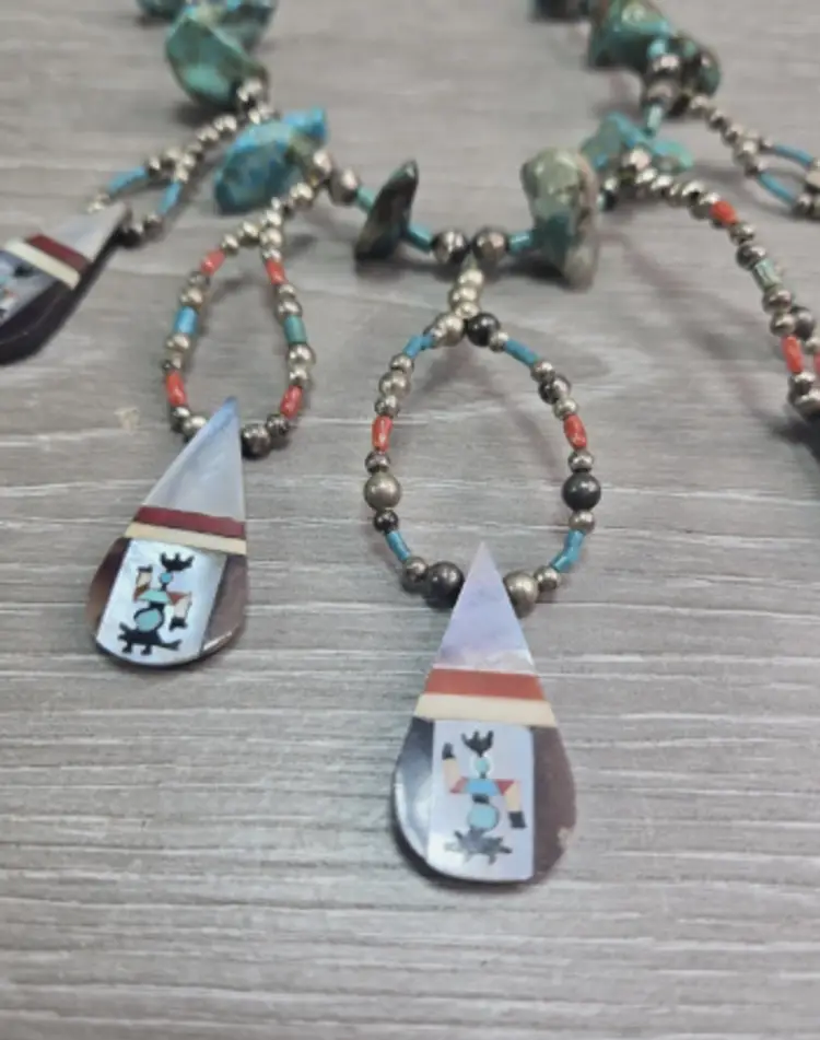 Native Necklace Turquoise Coral MOP Inlay Dancing Kachina 5 Pendant Necklace