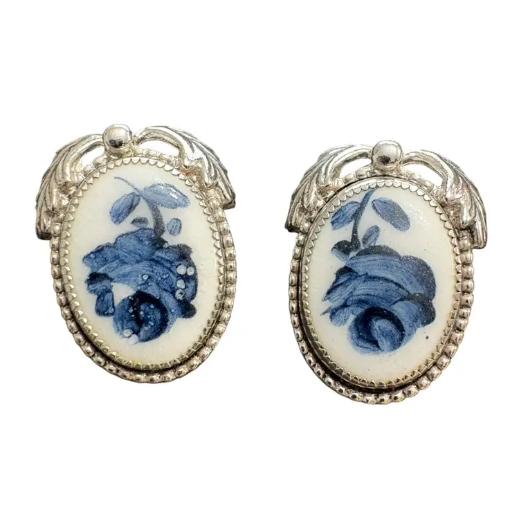 Vintage Whiting And Davis Floral Porcelain Clip On Earrings