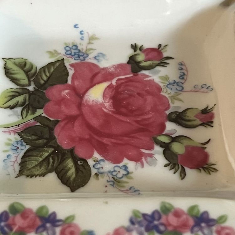Vintage Hand Painted Individual Ashtray Ceramic Scalloped Blue Pink Roses Japan