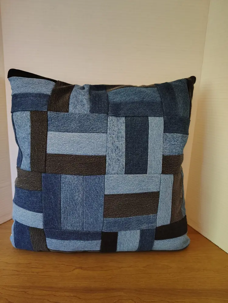 Vintage Handmade Quilted Patchwork Pillow Denim Cross Stitch Birds  Log Cabin