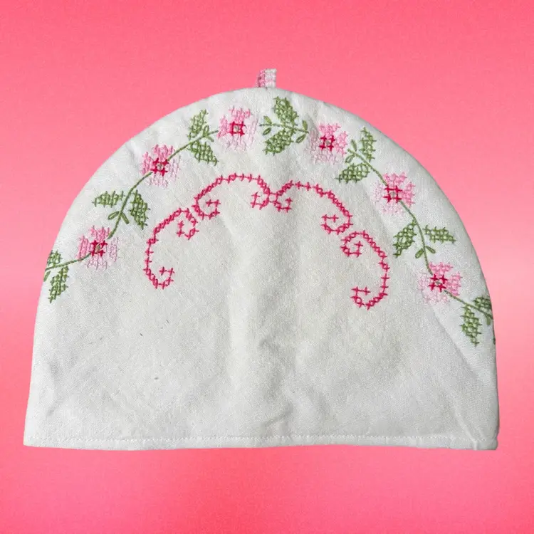 Vintage Cross Stitch Embroidered Tea Pot Kettle Cosy Cover, Floral Pattern