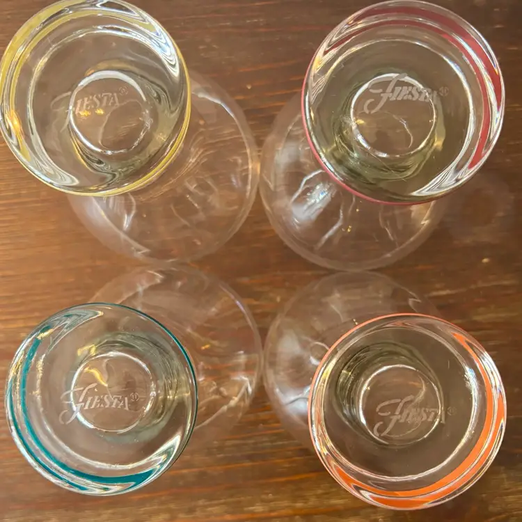 (4) Vintage “90’s Fiesta Ware Homer Laughlin China Co. Glass Goblets Multi-Color Striped Base 16oz.