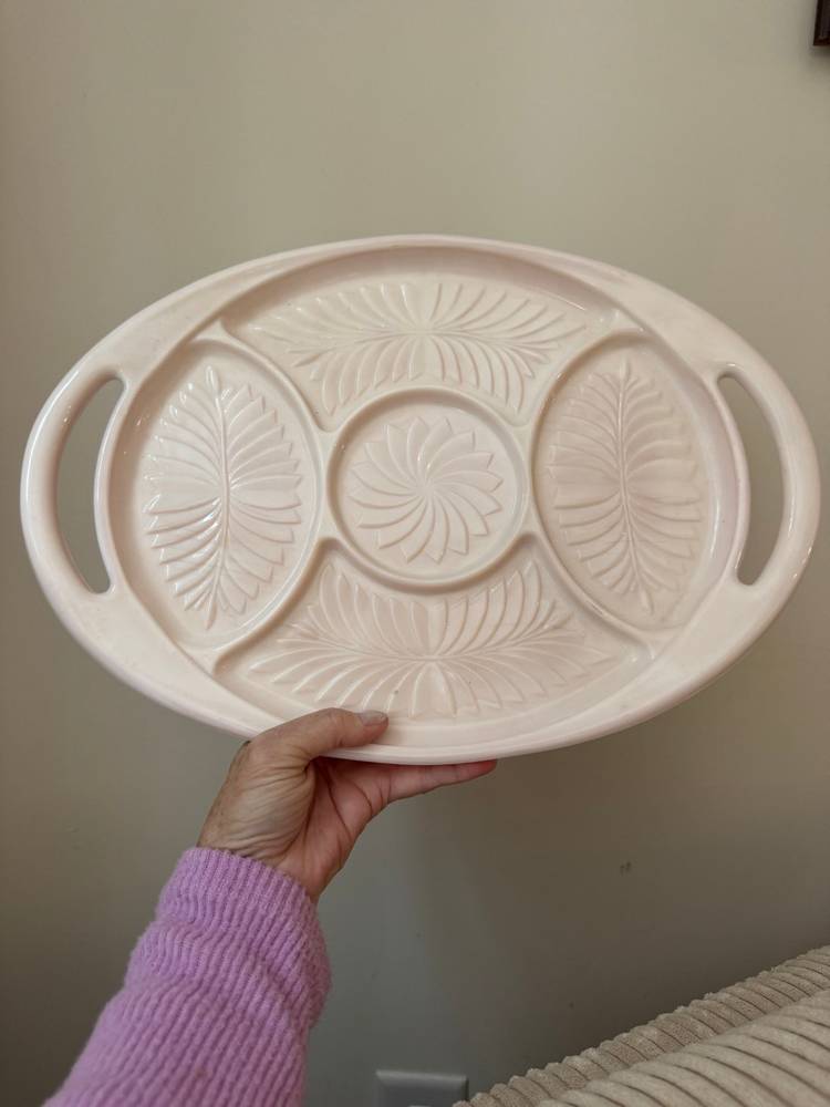 Vintage Jeannette Shell Pink Milk Glass Divided Serving Platter 15.5”x11”