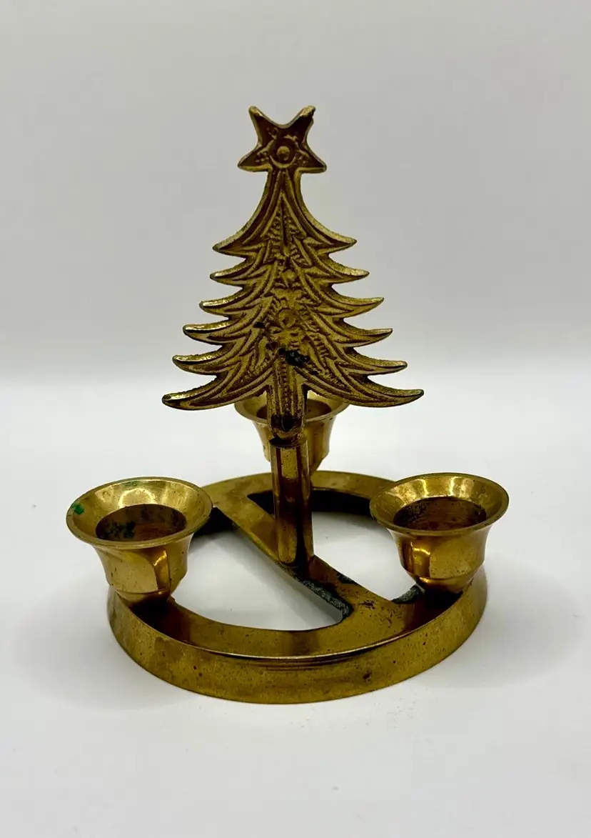 Vintage 1960’s Three-armed Brass Christmas Tree Candle Holder, Three Candle Slots, Unbranded, Made In India