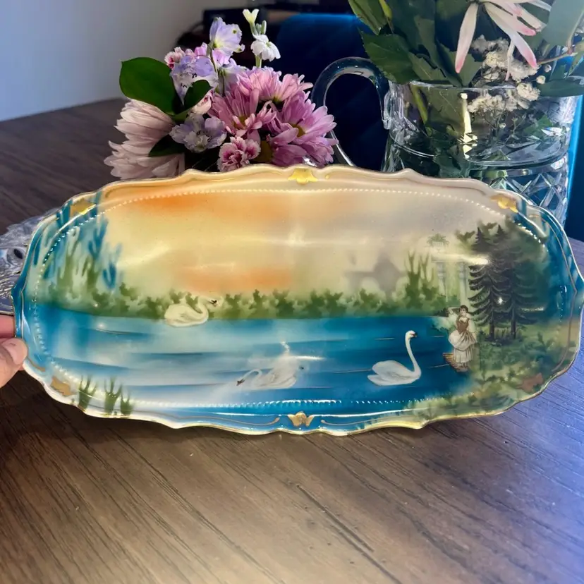 12x2x6” Antique Johann Seltman JPSV Swords Mark Bavaria Prussia Style Swans Celery Dish Serving Platter Swan Plate Hand Painted Porcelain Dish