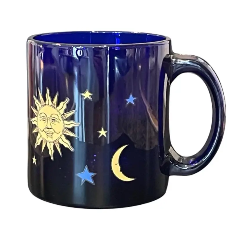 Libbey Celestial Sun Moon Stars Cobalt Blue Glass Mug Cup Retro VTG Kitchen