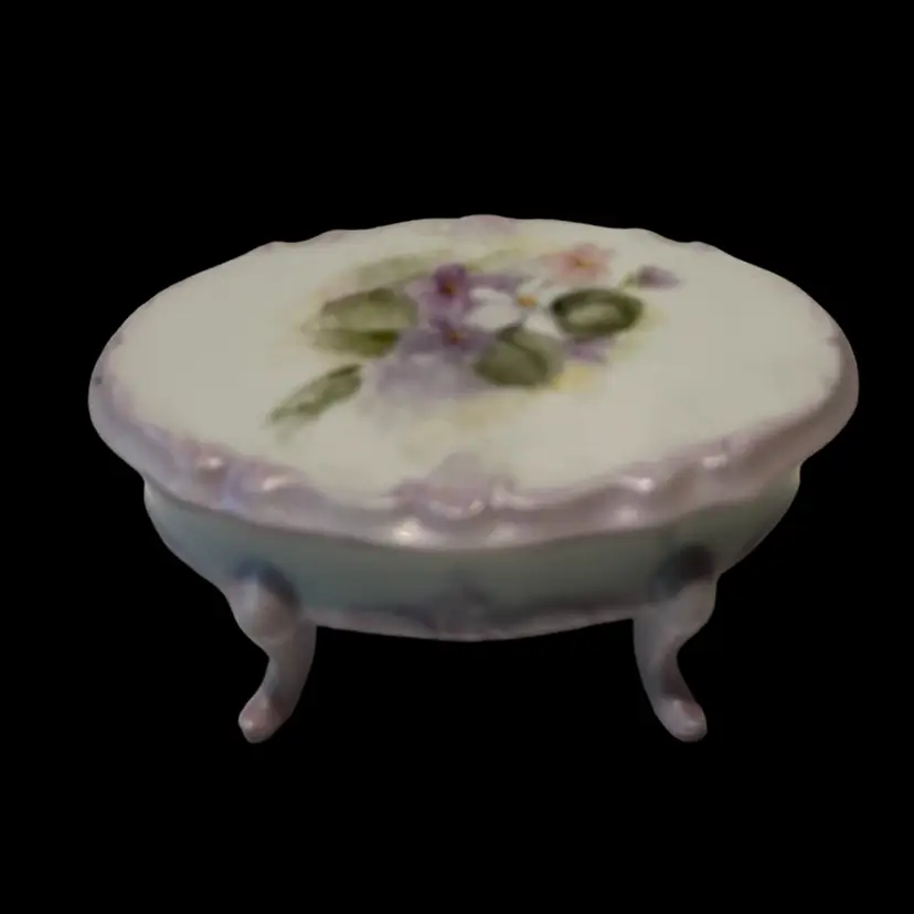 Vintage Hand Painted Porcelain Floral Footed Trinket Dish W/ Lid Signed Bea Smith