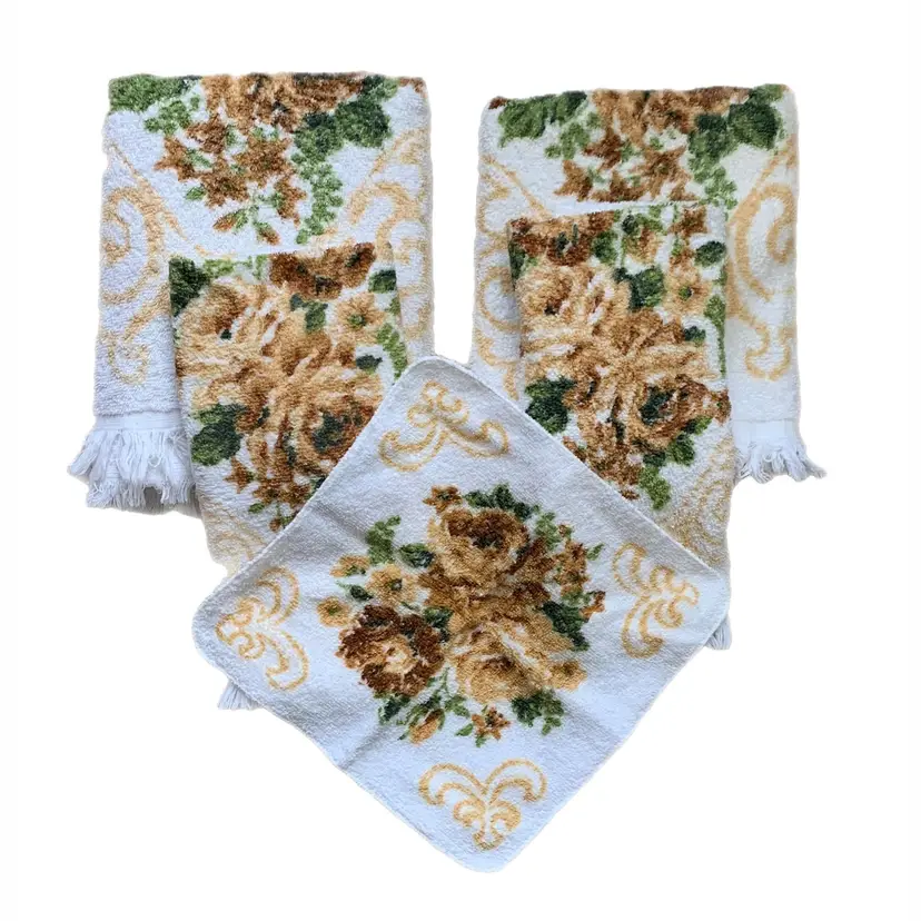 Cannon Floral Terry Towel Set Beige Brown Scroll Cotton Fringe Made USA Vintage