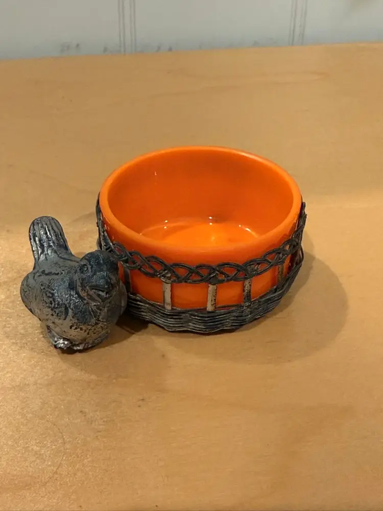 Orange Glass And Metal Bird With Woven Basket Salt Cellar