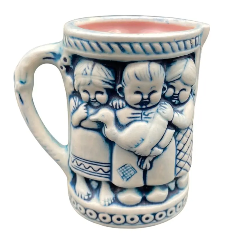 Vintage HOM Ceramic Creamer, Children with Goose, White/Blue with Pink Interior