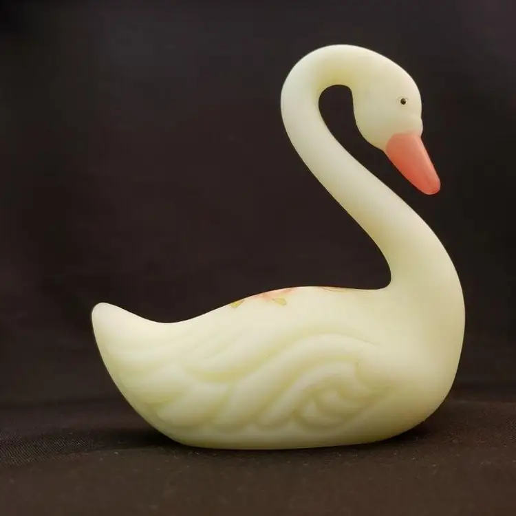 Fenton Swan Uranium Custard Satin Glass Handpainted Flowers Signed on Bottom Glowey