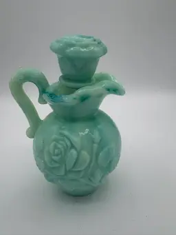 vintage Avon jadeite green swirl milk glass Victorian Rose mini pitcher decanter with stopper, originally used for bath oil or powder