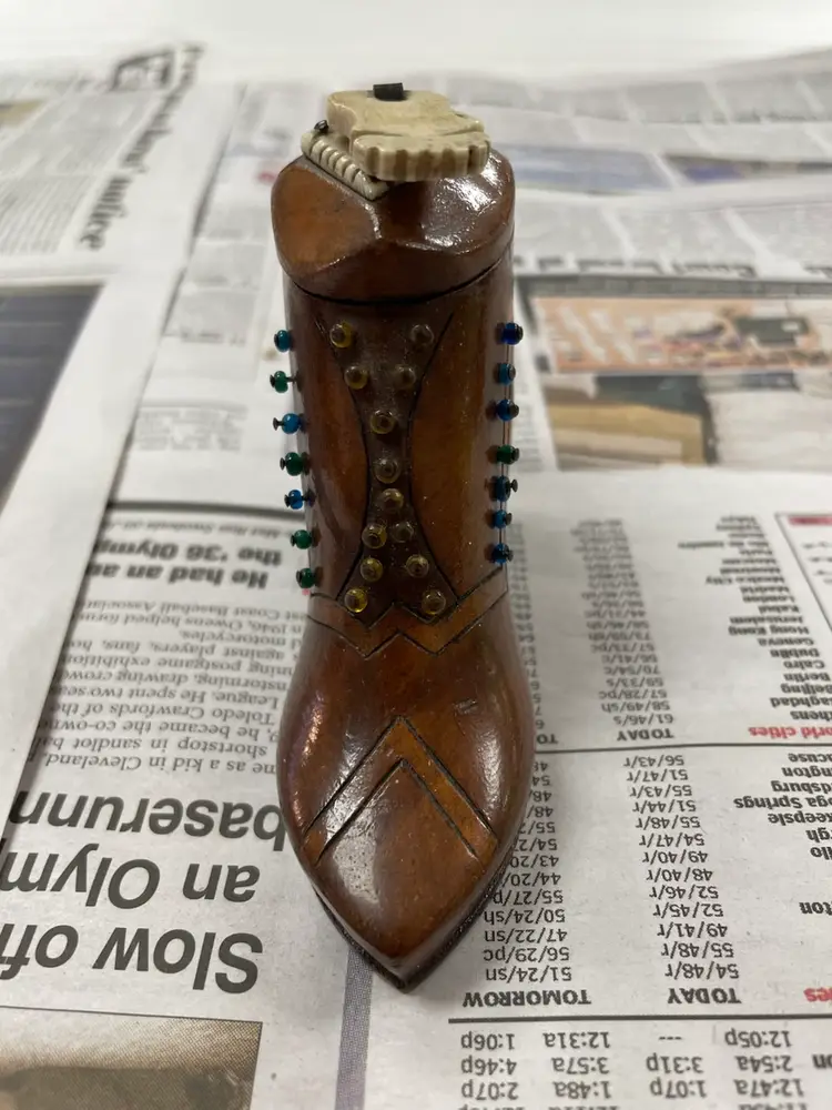 Beautiful Antique Victorian Wooden Shoe/Boot Snuff Box With Brass & Bone Details