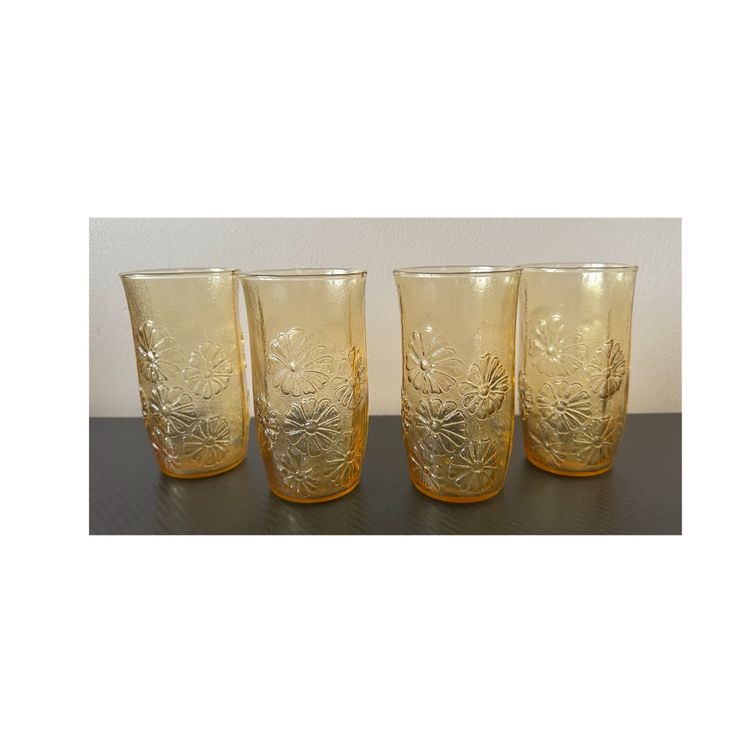 4 Anchor Hocking Spring Song Daisy Amber Gold 10oz Glass Tumblers 5” Tall 2.5” Wide