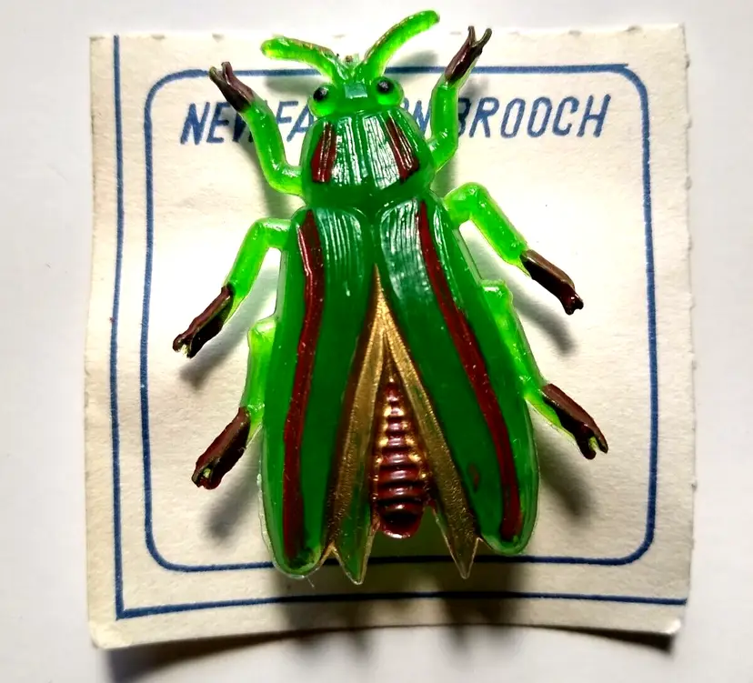 Green Cicada Fashion Brooch Vintage UNUSED Japan Retro Plastic Insect Pin Bug