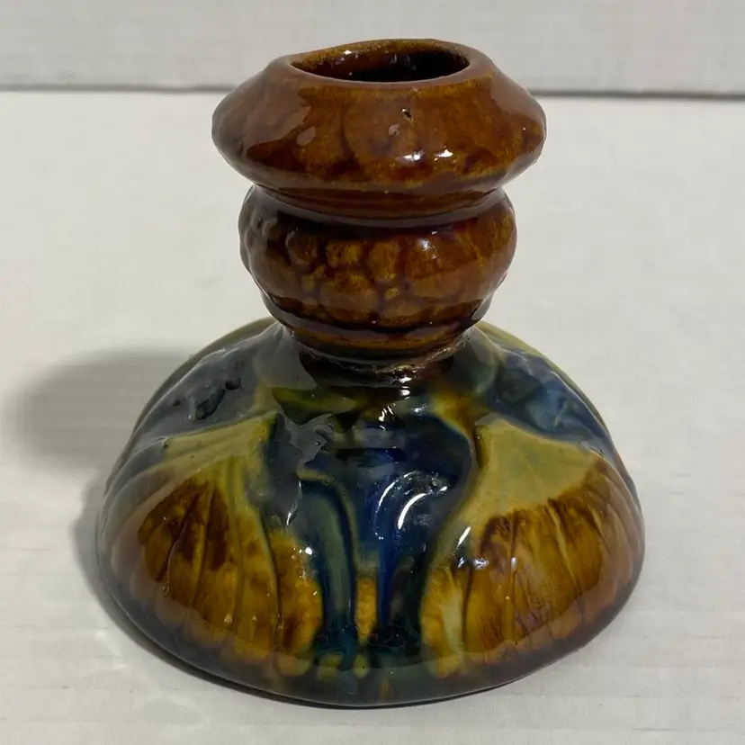 Vintage Brown & Blue Pottery Candle Stick Holder