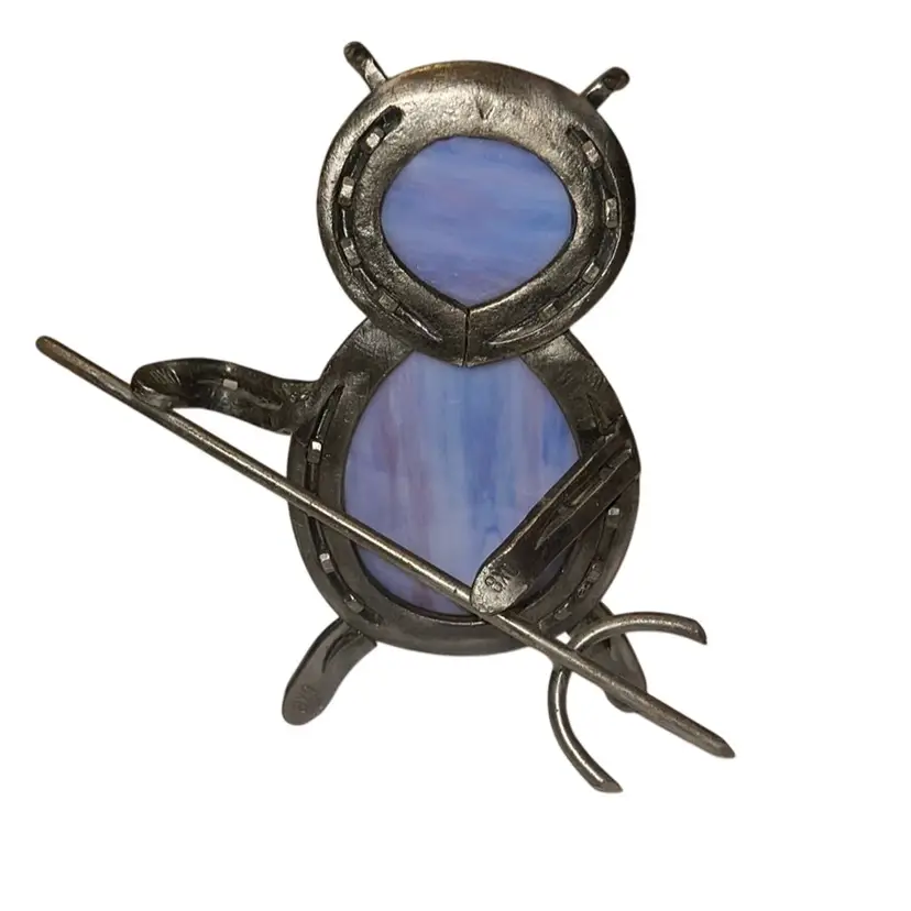 Halloween Devil Forged Metal Horseshoe Art Handmade Purple Stained Slag Glass Bottle Holder One Of A Kind
