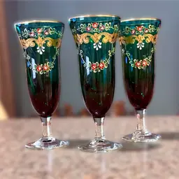 Vintage Green Glass Handpainted Floral Gilded Aperitif Glasses (3) (KK)
