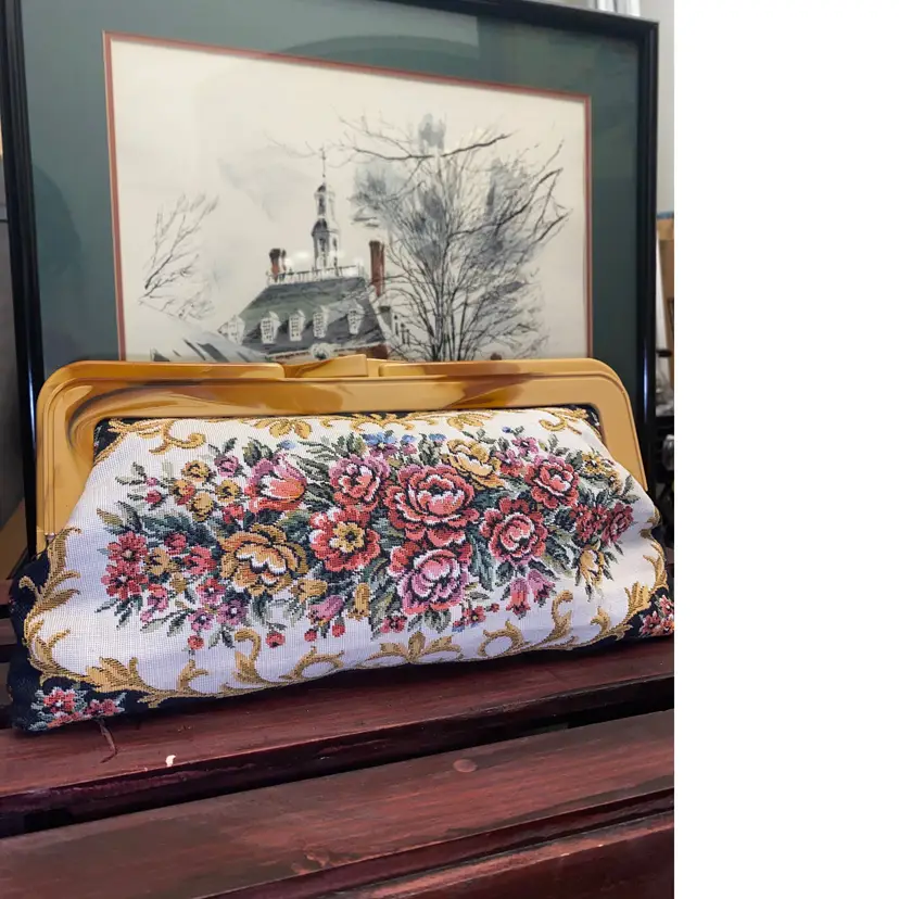Vintage Floral Tapestry Brocade Clutch Purse | Granny Chic Clutch | Marbled Bakelite Clasp Handle Bag | Midcentury | Cottagecore Accessory