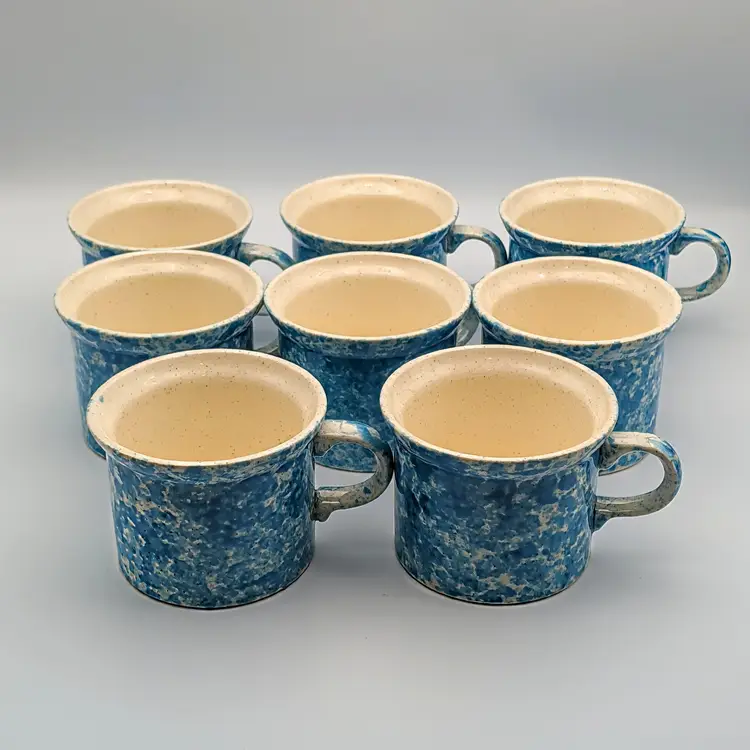 8 Vintage Homer Laughlin Blue Splatter Mugs 1978 HTF Marked USA Discontinued