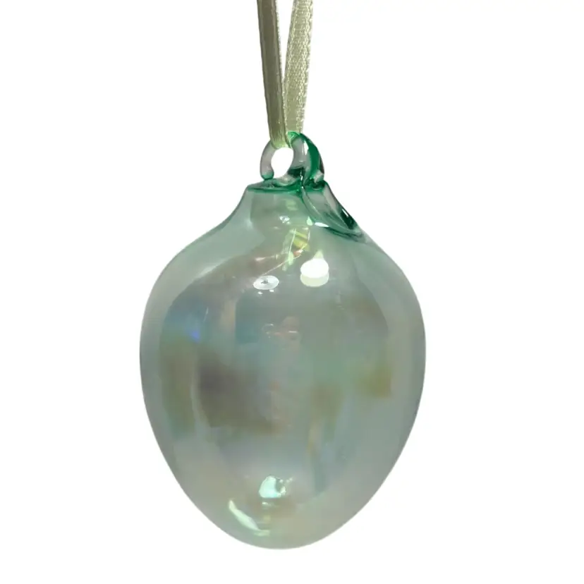 * Hand Blown Glass Egg Iridescent Shape Ornament Green | 3”