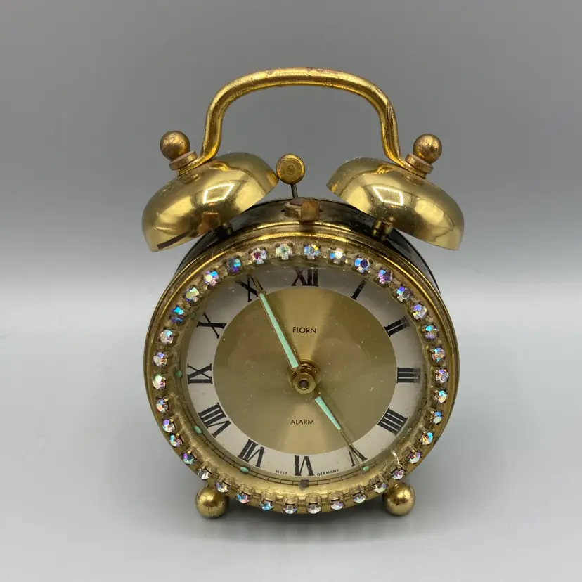 Vintage MCM Florn 2-Bell Alarm Clock Clear Crystal Rhinestones West Germany