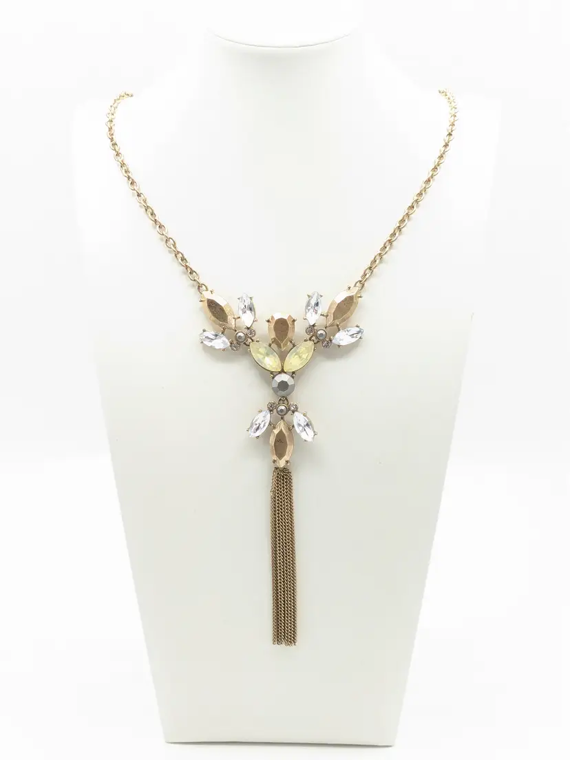 Gold Tone Rhinestone Tassel Pendant Necklace